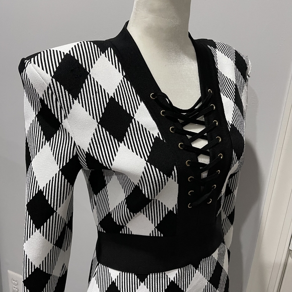 Balmain Gingham Jacquard Long Sleeve Dress - Picture 8 of 14